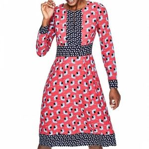 Boden Daisy Dress Womens Size 8R Pink & Blue Pop Peony Geo Floral Midi Colorful